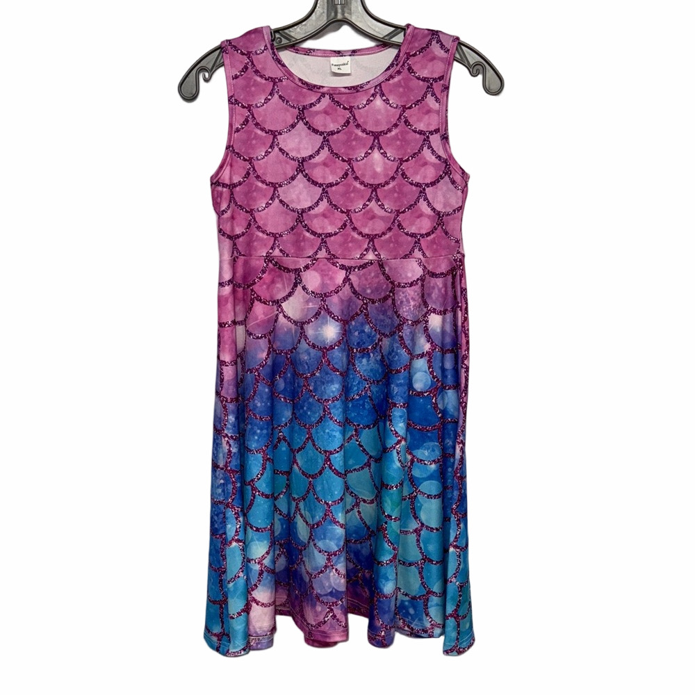 Funnycokid Girls XL Mermaid Scale Ombre Sleeveless Dress Pink Blue Purple